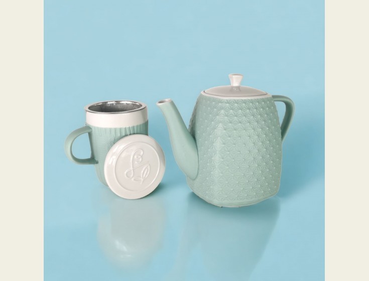Coffret cadeau théière et mug en porcelaine bleu vert
