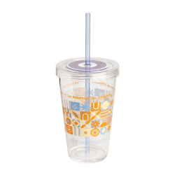 Verre pour thé glacé, réutilisable avec paille intégré, 450 ml, violet et orange