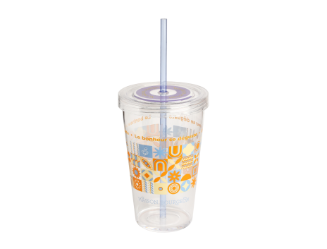 Verre pour thé glacé, réutilisable avec paille intégré, 450 ml, violet et orange