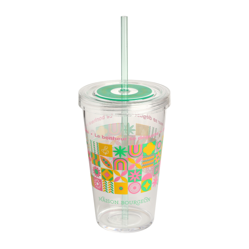 Verre pour thé glacé, réutilisable avec paille intégré, 450 ml, rose et vert Verre pour thé glacé, réutilisable avec paille intégré, 450 ml, rose et vert