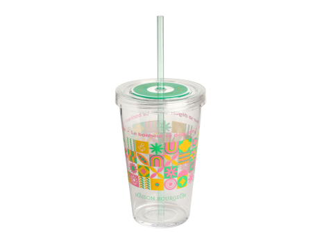 Verre pour thé glacé, réutilisable avec paille intégré, 450 ml, rose et vert