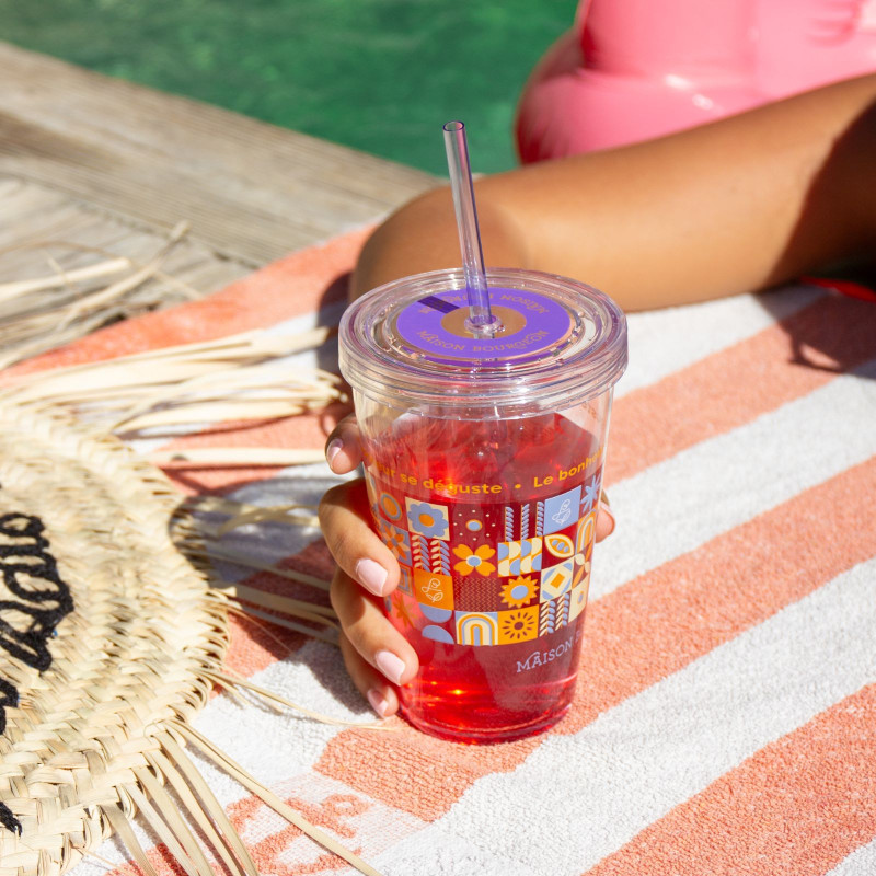 Verre pour thé glacé, réutilisable avec paille intégré, 450 ml, violet et orange