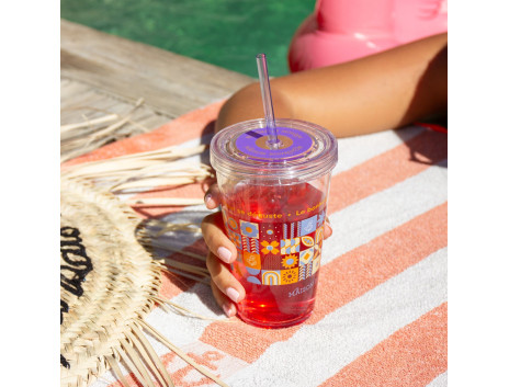Verre pour thé glacé, réutilisable avec paille intégré, 450 ml, violet et orange