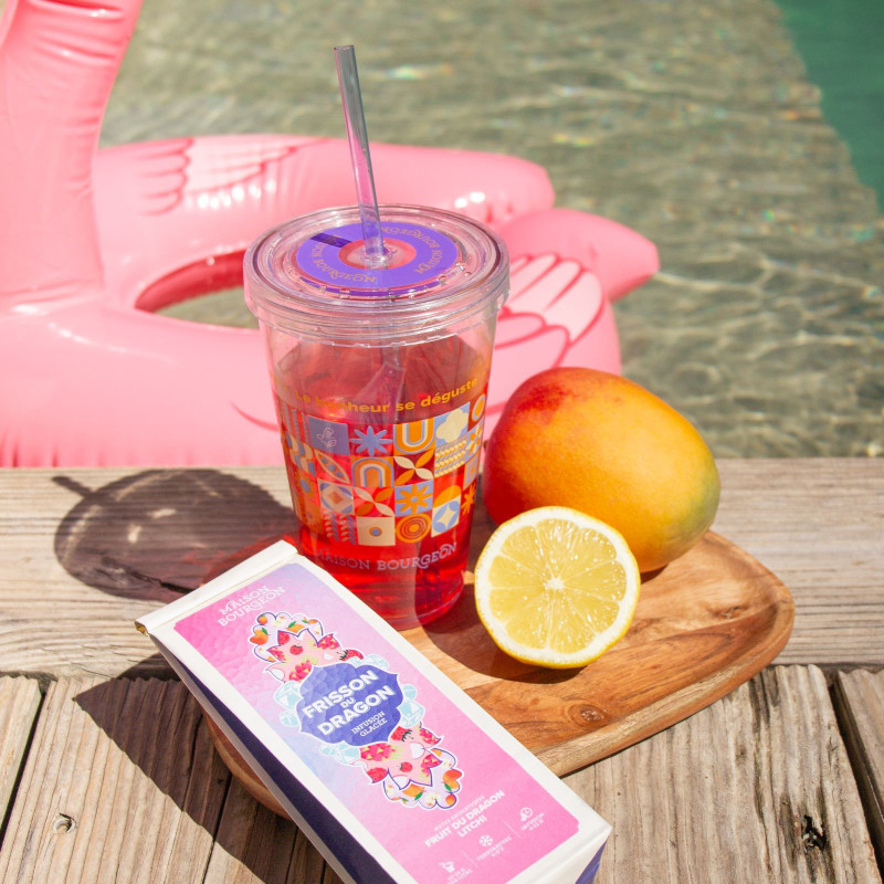Verre pour thé glacé, réutilisable avec paille intégré, 450 ml, violet et orange