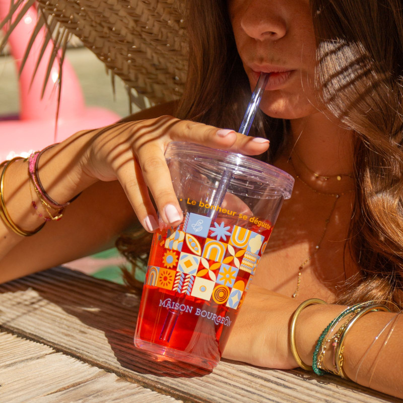 Verre pour thé glacé, réutilisable avec paille intégré, 450 ml, violet et orange