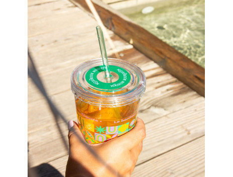 Verre pour thé glacé, réutilisable avec paille intégré, 450 ml, rose et vert