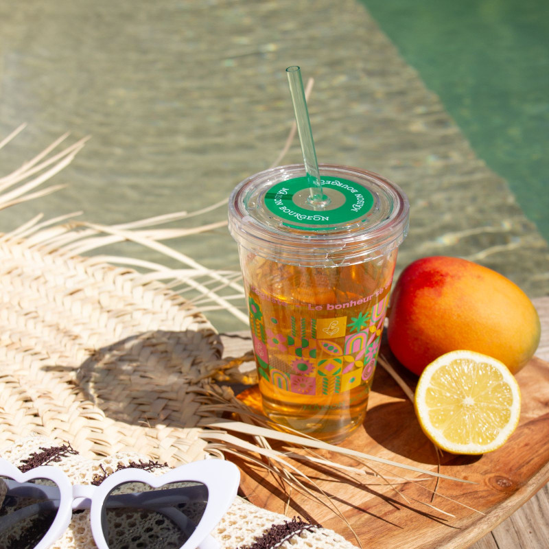 Verre pour thé glacé, réutilisable avec paille intégré, 450 ml, rose et vert Verre pour thé glacé, réutilisable avec paille intégré, 450 ml, rose et vert