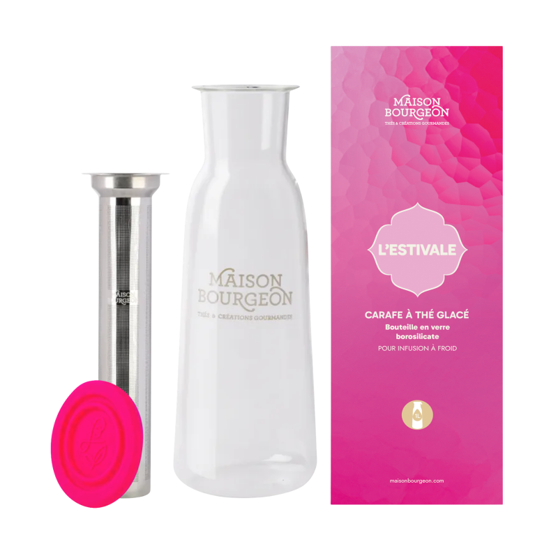 Carafe à thé en verre 1L, avec filtre inox, fuschia