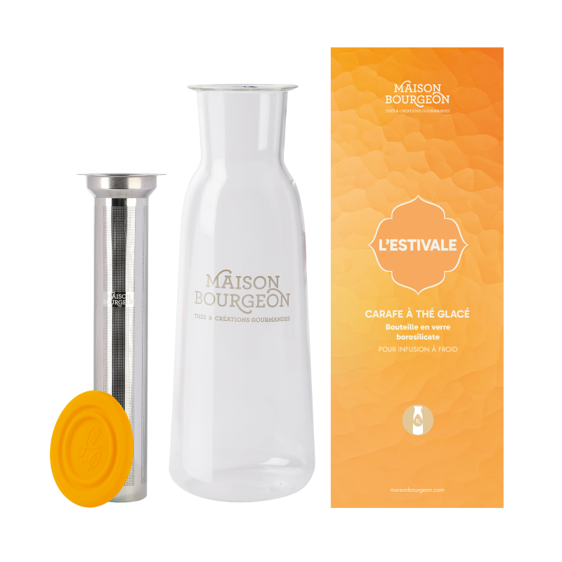 Carafé à thé glacé 1L orange en verre borosilicate, avec filtre inox