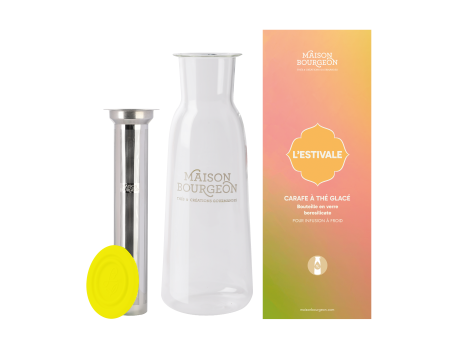 Carafé à thé glacé 1L jaune en verre borosilicate, avec filtre inox