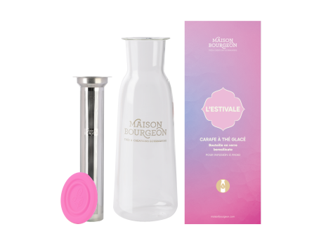 Carafé à thé glacé 1L rose en verre borosilicate, avec filtre inox