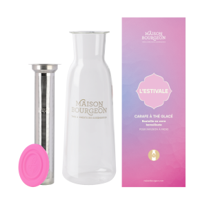 Carafé à thé glacé 1L rose en verre borosilicate, avec filtre inox