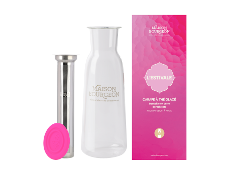 Carafé à thé glacé 1L fuchsia en verre borosilicate, avec filtre inox